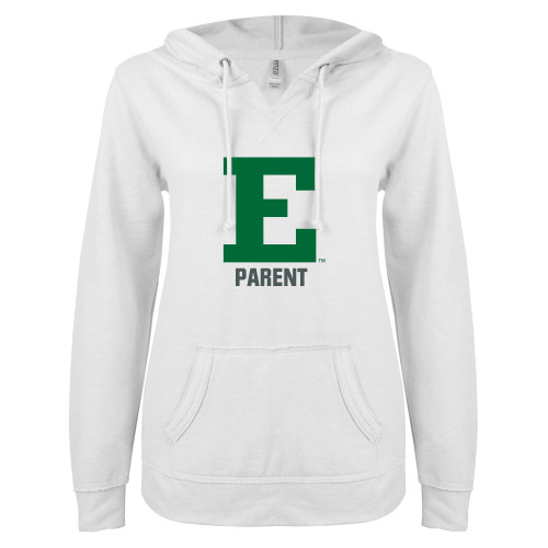  ENZA Womens White V Notch Raw Edge Fleece Hoodie - Parent - Eastern Michigan