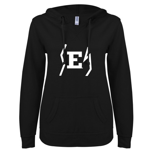  ENZA Womens Black V Notch Raw Edge Fleece Hoodie - Eastern Michigan Secondary Athletic Mark