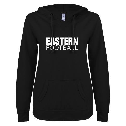  ENZA Womens Black V Notch Raw Edge Fleece Hoodie - Football - Eastern Michigan