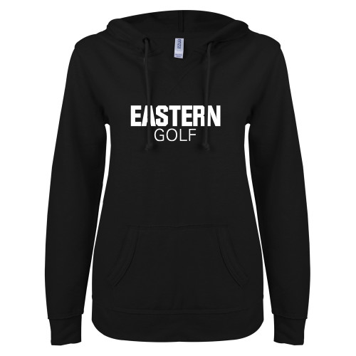  ENZA Womens Black V Notch Raw Edge Fleece Hoodie - Golf - Eastern Michigan