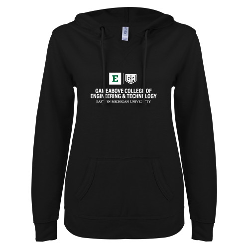  ENZA Womens Black V Notch Raw Edge Fleece Hoodie - GameAbove CET Centered
