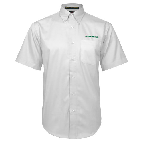  White Twill Button Down Short Sleeve - Eastern Michigan Athletic Wordmark
