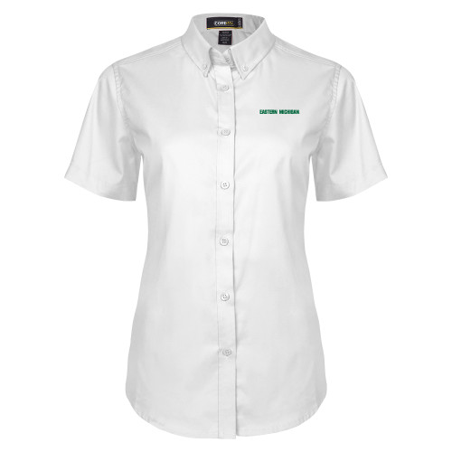  Womens White Twill Button Up Short Sleeve - Eastern Michigan Athletic Wordmark