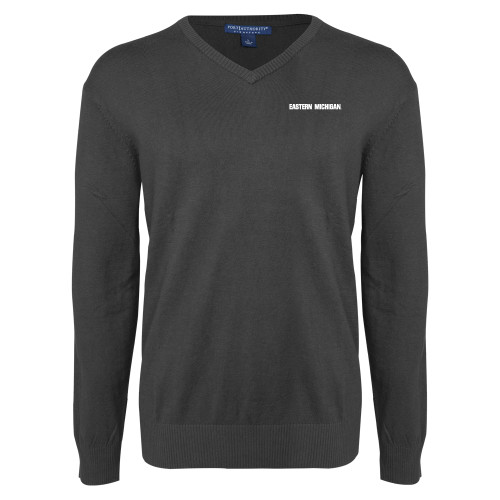  Charcoal Heather VNeck Sweater - Eastern Michigan Athletic Wordmark