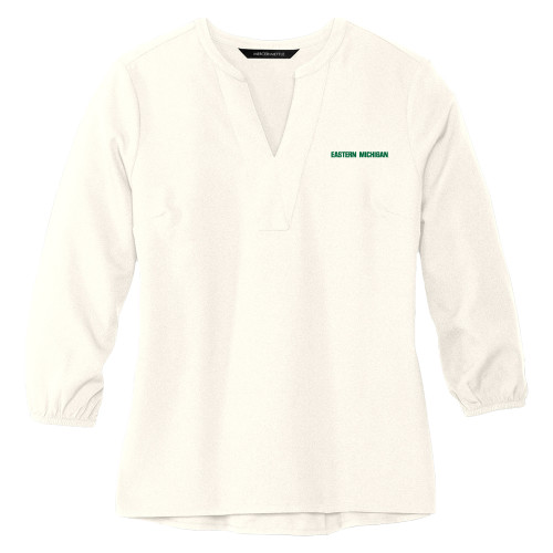  Mercer + Mettle Womens Ivory 3/4 Sleeve Crepe Blouse - Eastern Michigan Athletic Wordmark