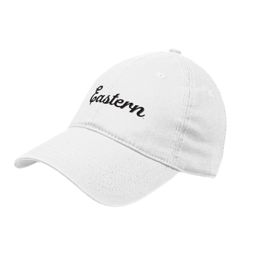  White Unstructured Adjustable Low Profile Hat - Eastern Michigan Script Wordmark