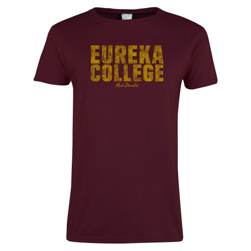  Womens Maroon Short Sleeve Tee - Block Text Distressed