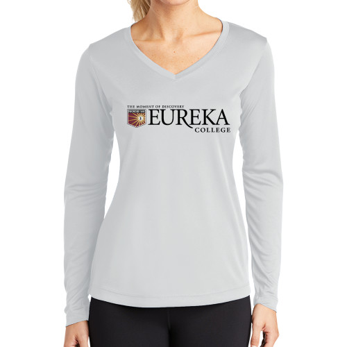  Womens White Performance Long Sleeve V Neck Shirt - Eureka College w/ Shield