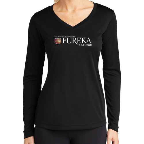  Womens Black Performance Long Sleeve V Neck Shirt - Eureka College w/ Shield