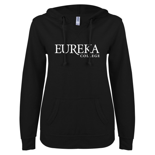  ENZA Womens Black V Notch Raw Edge Fleece Hoodie - Wordmark