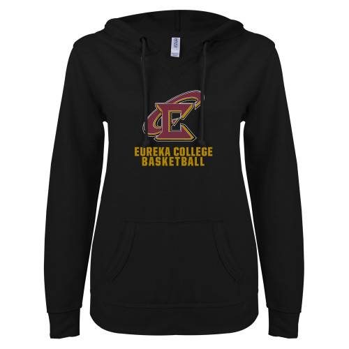  ENZA Womens Black V Notch Raw Edge Fleece Hoodie - Basketball