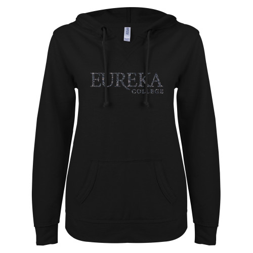  ENZA Womens Black V Notch Raw Edge Fleece Hoodie - F Graphite Soft Glitter