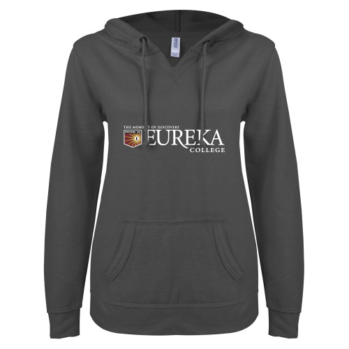  ENZA Womens Dark Heather V Notch Raw Edge Fleece Hoodie - Eureka College w/ Shield