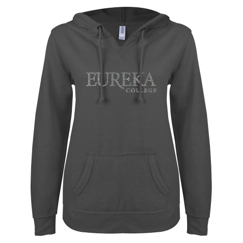  ENZA Womens Dark Heather V Notch Raw Edge Fleece Hoodie - A Silver Soft Glitter