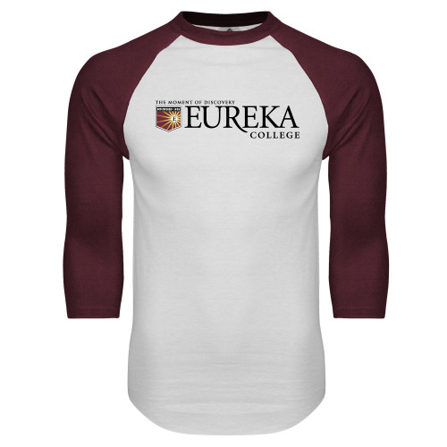  White/Maroon Raglan Baseball T Shirt - Eureka College w/ Shield