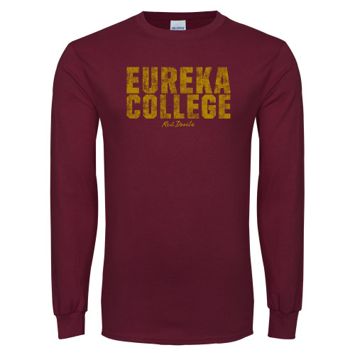  Maroon Long Sleeve T-Shirt - Block Text Distressed