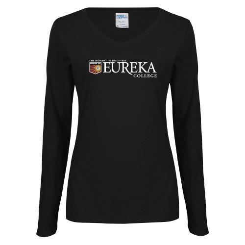 Womens Black Long Sleeve V Neck Tee  - Eureka College w/ Shield