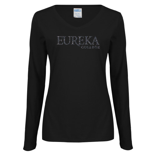  Womens Black Long Sleeve V Neck Tee  - F Graphite Soft Glitter
