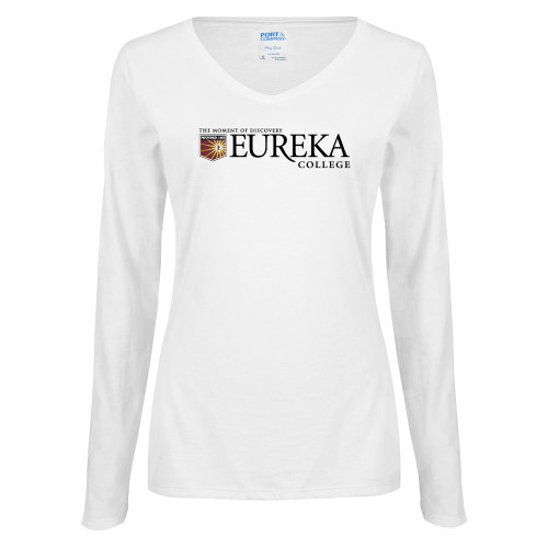  Womens White Long Sleeve V Neck Tee - Eureka College w/ Shield