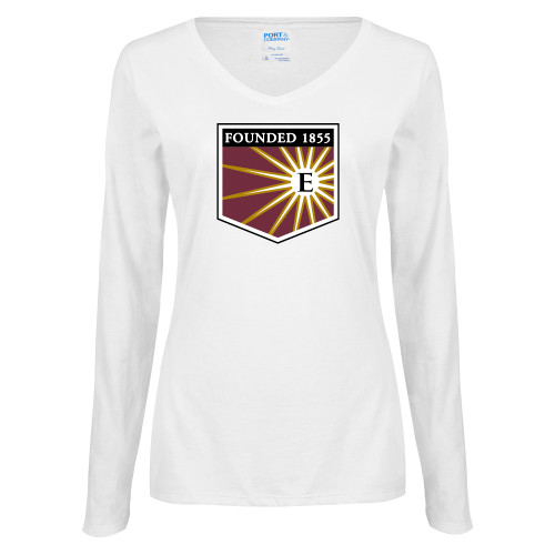  Womens White Long Sleeve V Neck Tee - Shield