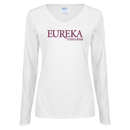  Womens White Long Sleeve V Neck Tee - L Pink Glitter