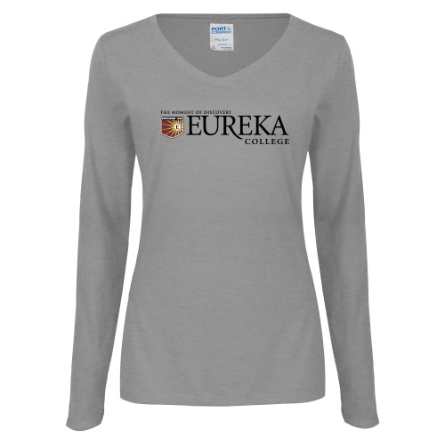  Womens Grey Long Sleeve V Neck Tee  - Eureka College w/ Shield
