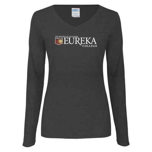  Womens Dark Heather Long Sleeve V Neck Tee  - Eureka College w/ Shield