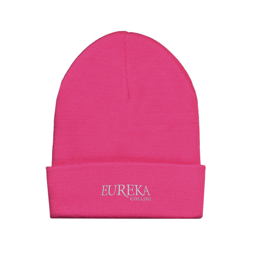  Fleece Lined Neon Pink Knit Beanie - Wordmark