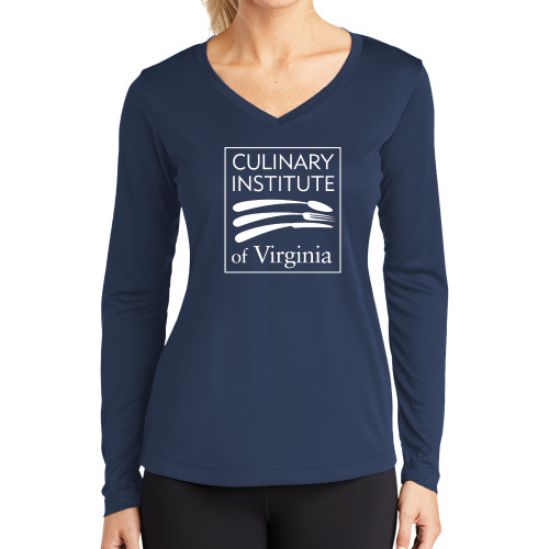  Womens Navy Performance Long Sleeve V Neck Shirt - Culinary Institute of Virginia