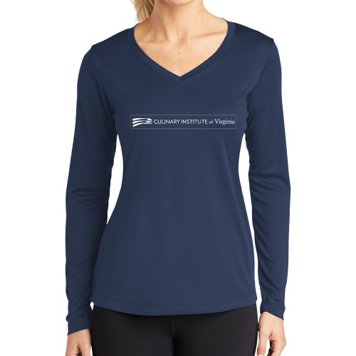 Womens Navy Performance Long Sleeve V Neck Shirt - Culinary Institute of Virginia - Flat