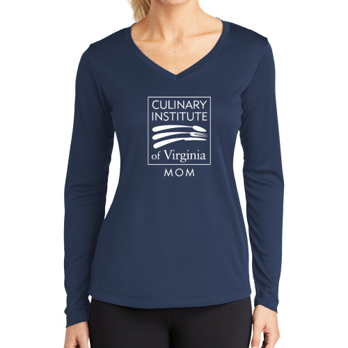  Womens Navy Performance Long Sleeve V Neck Shirt - Culinary Institute of Virginia - Mom