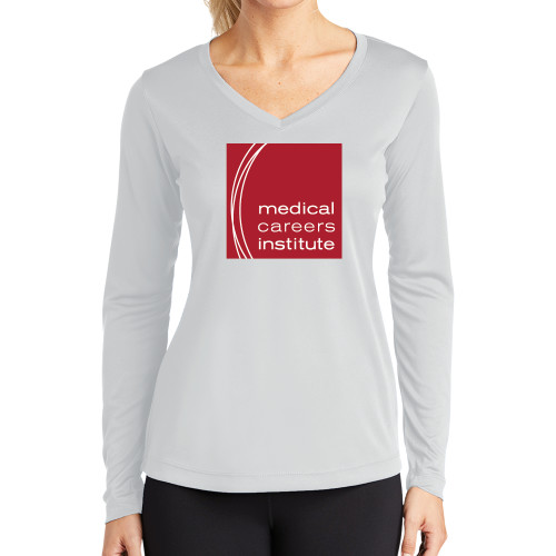  Womens White Performance Long Sleeve V Neck Shirt - Medical Careers Institute