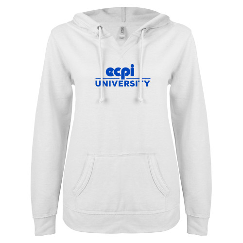  ENZA Womens White V Notch Raw Edge Fleece Hoodie - ECPI University Stacked