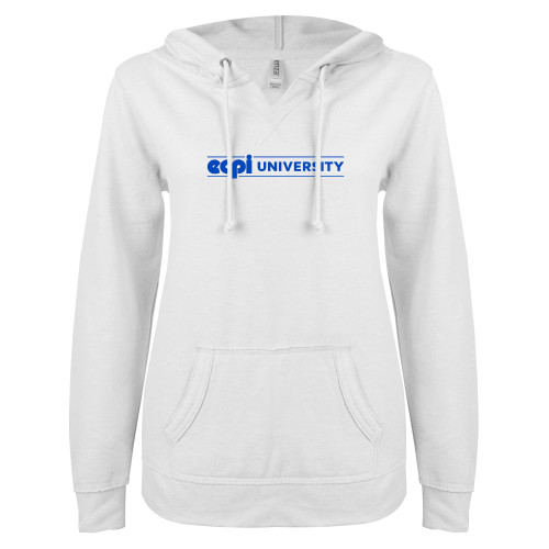  ENZA Womens White V Notch Raw Edge Fleece Hoodie - ECPI University Flat