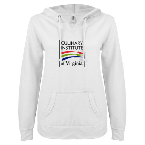  ENZA Womens White V Notch Raw Edge Fleece Hoodie - Culinary Institute of Virginia