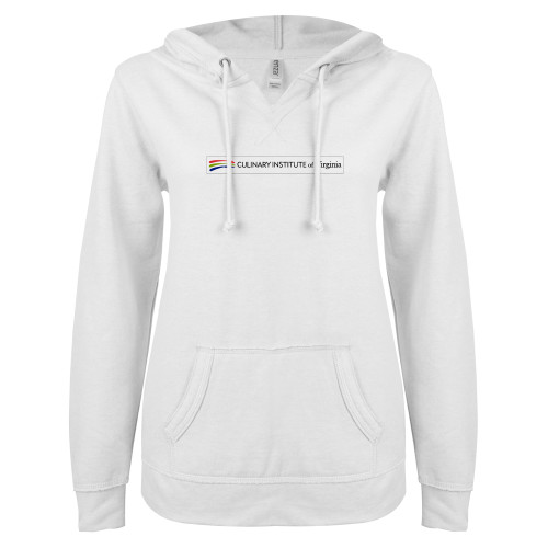  ENZA Womens White V Notch Raw Edge Fleece Hoodie - Culinary Institute of Virginia - Flat