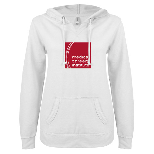 ENZA Womens White V Notch Raw Edge Fleece Hoodie - Medical Careers Institute