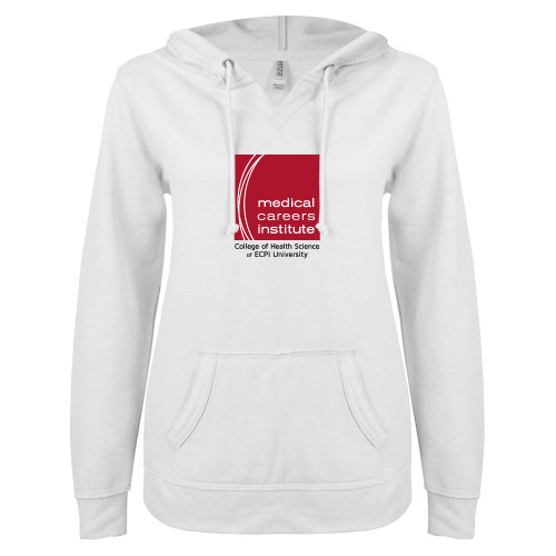  ENZA Womens White V Notch Raw Edge Fleece Hoodie - Medical Careers Institute - ECPI Tag