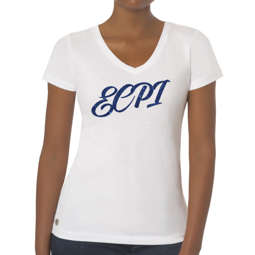  Fall Rush Ladies White V Neck Tee - H Dark Blue Glitter