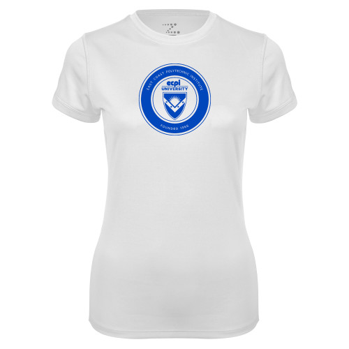  Womens White Performance Tee - ECPI University Seal