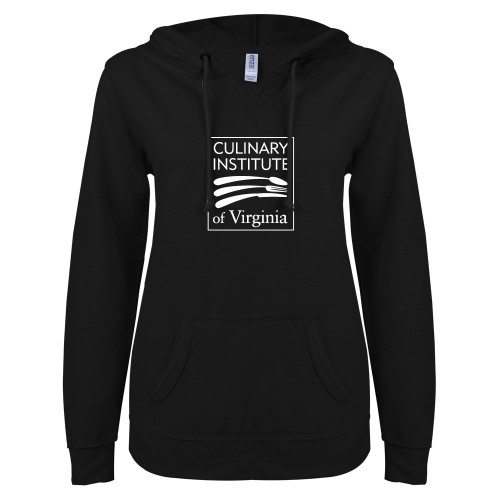  ENZA Womens Black V Notch Raw Edge Fleece Hoodie - Culinary Institute of Virginia
