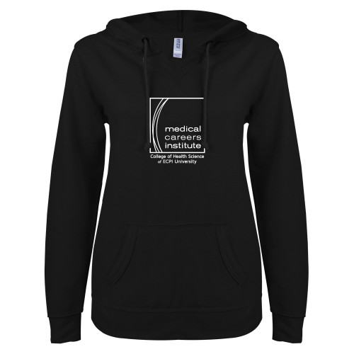  ENZA Womens Black V Notch Raw Edge Fleece Hoodie - Medical Careers Institute - ECPI Tag