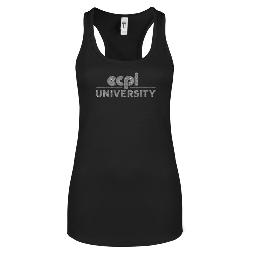  Next Level Womens Black Racerback Tank  - ECPI University Stacked Silver Soft Glitter