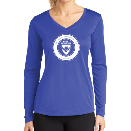  Womens Royal Performance Long Sleeve V Neck Shirt - ECPI University Seal