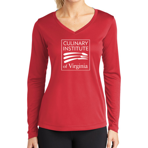  Womens Red Performance Long Sleeve V Neck Shirt - Culinary Institute of Virginia