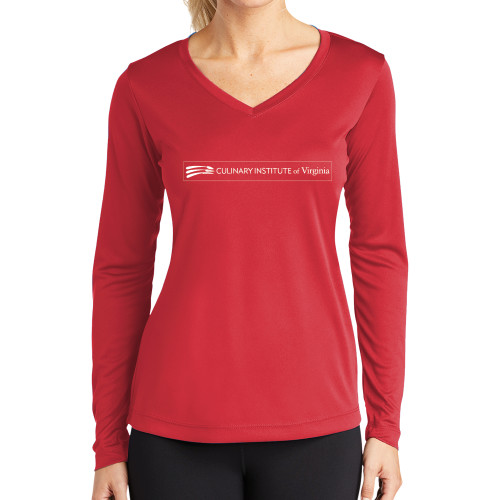  Womens Red Performance Long Sleeve V Neck Shirt - Culinary Institute of Virginia - Flat