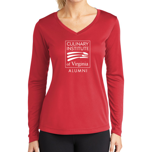  Womens Red Performance Long Sleeve V Neck Shirt - Culinary Institute of Virginia - Alumni