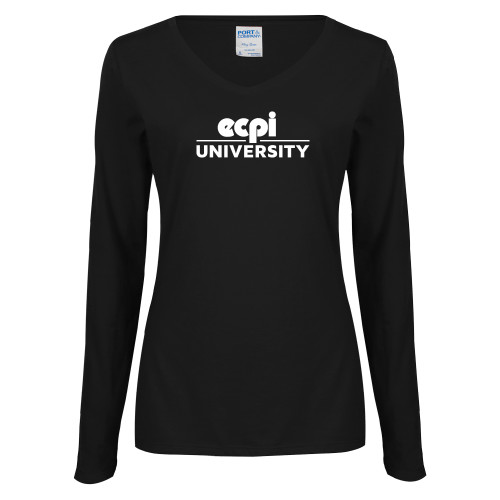  Womens Black Long Sleeve V Neck Tee  - ECPI University Stacked