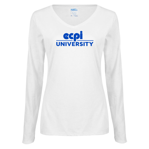  Womens White Long Sleeve V Neck Tee - ECPI University Stacked