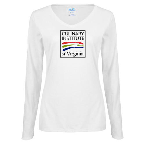  Womens White Long Sleeve V Neck Tee - Culinary Institute of Virginia